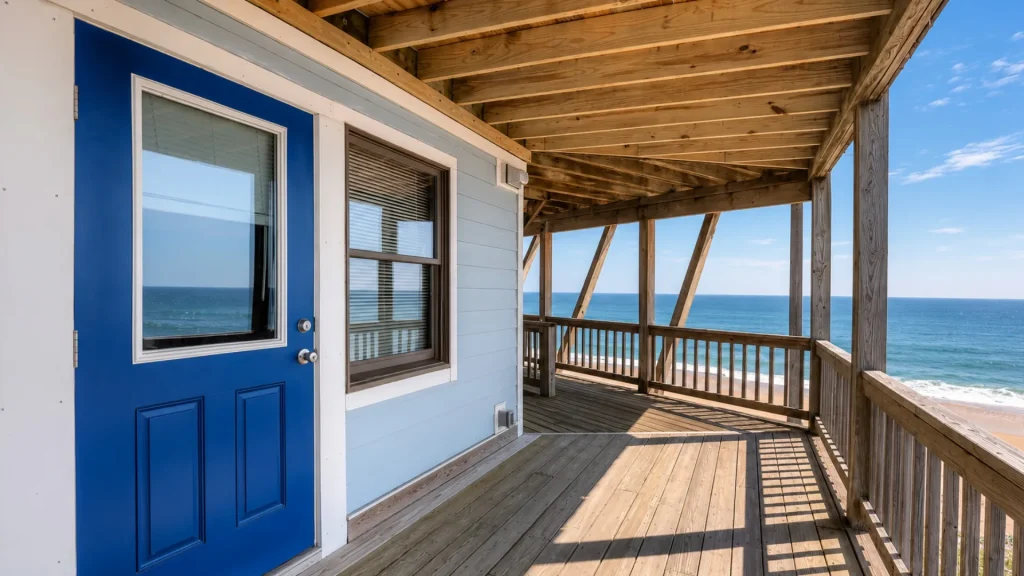 Blue door and window on a beach house with a wooden deck overlooking the ocean.