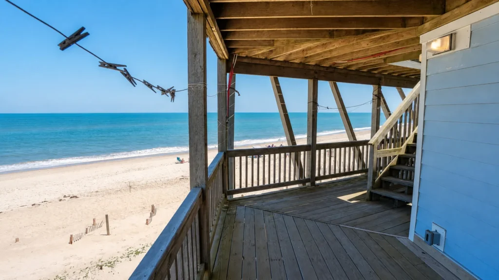 View from a wooden beach house deck toward the sandy shore and blue ocean, with clothespins on a clothesline in the foreground.