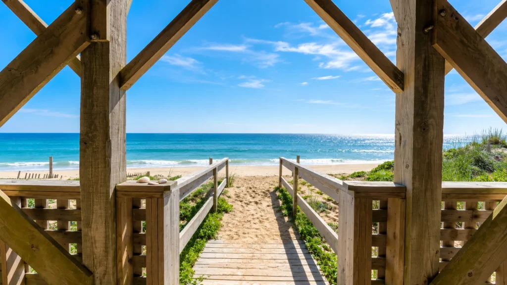 Wooden beach gazebo framing a sandy path leading to the ocean and blue sky.
