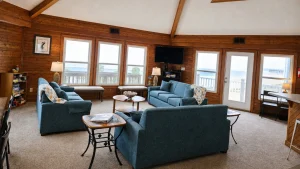 Cozy living room with blue sofas, wooden walls, and a sea view through large windows and a door to a balcony.