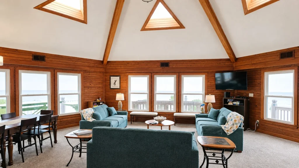 Cozy wood-paneled living room with teal sofas, coffee table, and a wall-mounted TV, overlooking the ocean through large windows.