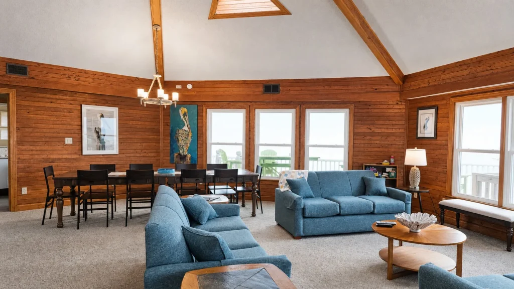 Cozy living room with wood panel walls, blue sofa set, and a dining table under a chandelier.