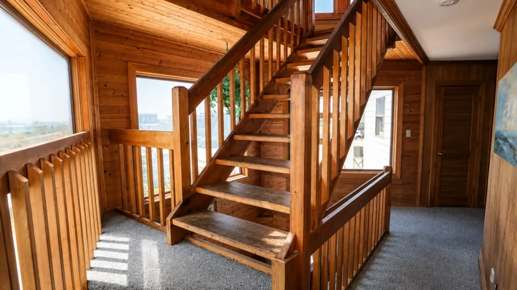 Wood-paneled interior with a wooden staircase and railing, lit by natural light from large windows.