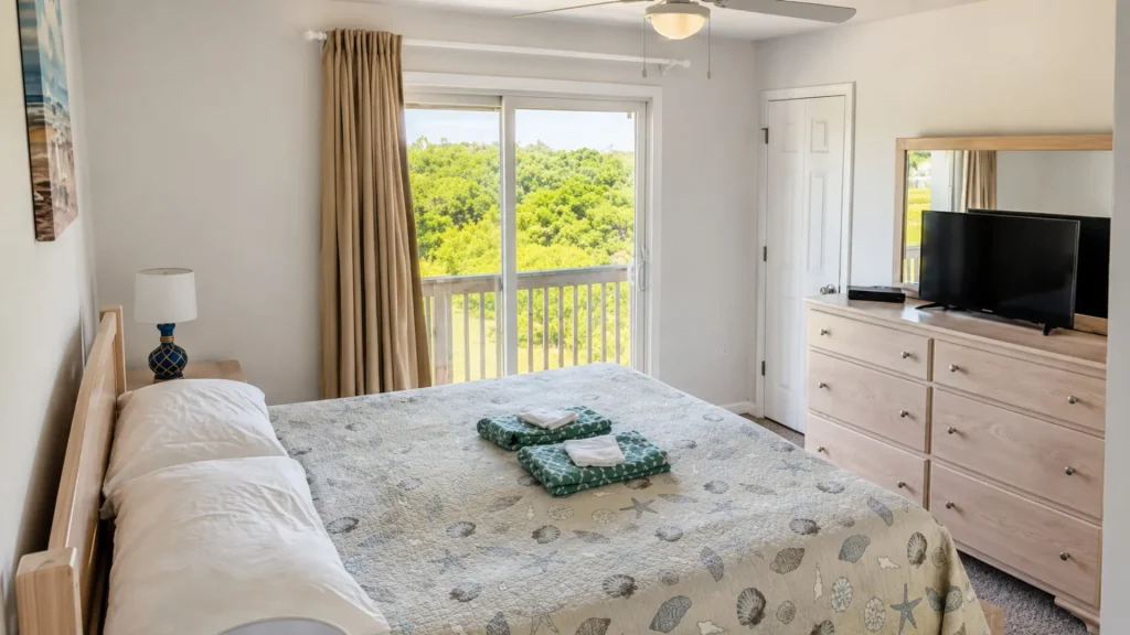 Cozy coastal bedroom with a wooden bed, shell-pattern quilt, white pillows, and folded towels on the quilt; sliding glass door leading to a balcony with green trees outside.”] ,