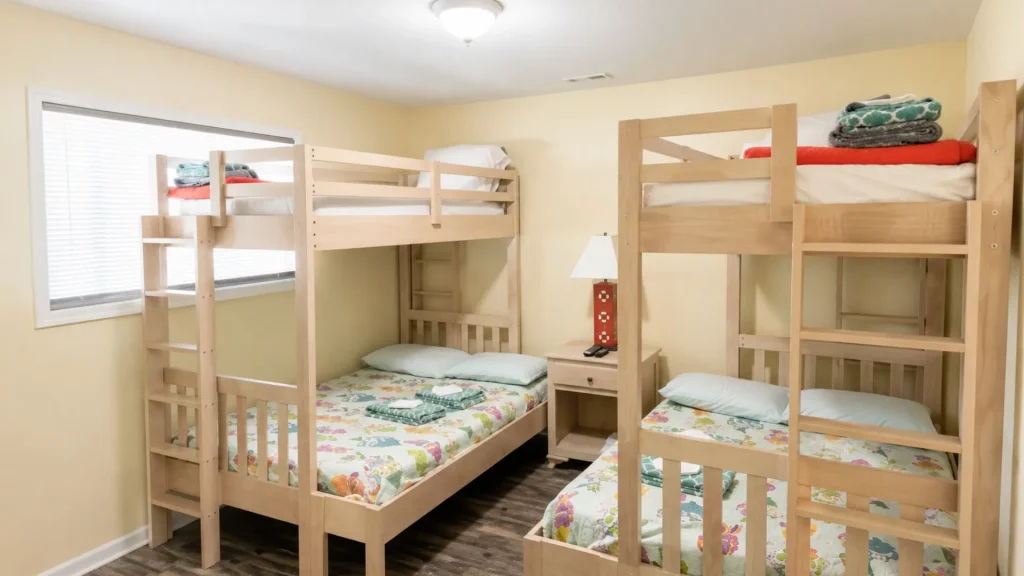 Two wooden bunk beds in a small yellow-walled room with a window, a shared nightstand, and a floral quilt on each bed.