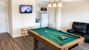 Pool table in a living area with a rack of billiard balls, cues, and a black leather sofa; TV on the wall and a small kitchen area in the background.