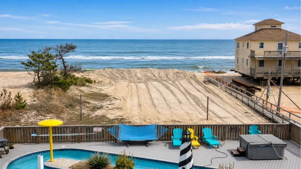 Beachfront scene with a beige house on the right, sandy dunes, and a calm blue ocean under a clear sky; a fenced pool deck with bright blue and yellow chairs in the foreground.