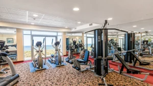 Well-equipped hotel gym with cardio machines facing large windows overlooking the ocean outside.]