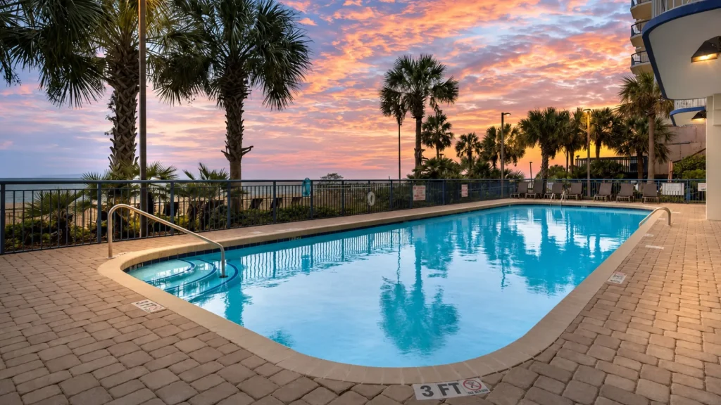 Resort pool at sunset with palm trees and ocean view in the background, lounge chairs along the poolside.