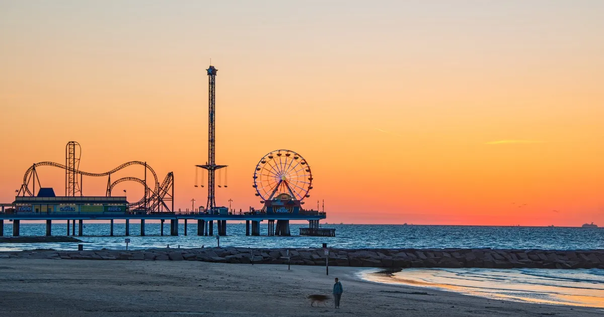 Galveston Seawall and Pleasure Pier a short drive east of Jamaica Beach, TX