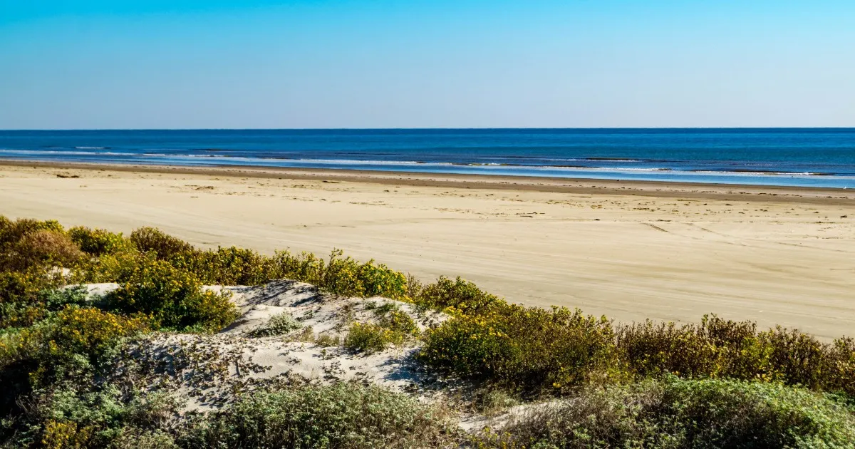 Wide, uncrowded Gulf beach at Jamaica Beach, Texas with room for a family to spread out