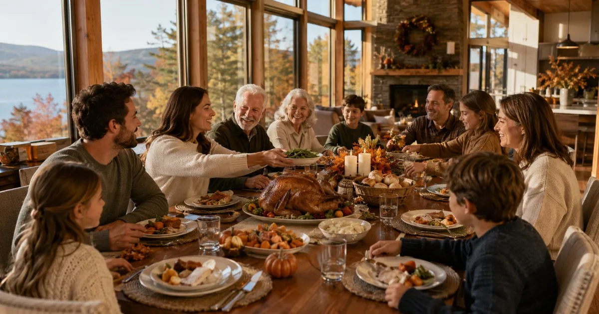 Extended family gathered around a large dining table for a Thanksgiving meal in a spacious vacation home