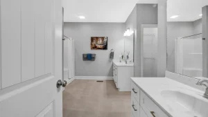 Modern bathroom with a double vanity, gray walls, and a wall art piece; towels on a rack and a shower to the left.