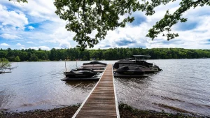 Wooden dock extends into a lake with boats moored on both sides, surrounded by a tree-lined shore and a cloudy sky.