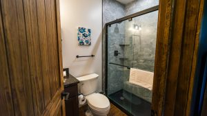 Wood-paneled bathroom with a white toilet, dark vanity, and a glass shower featuring blue-gray hexagonal tiles.