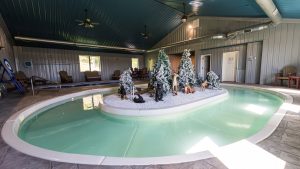 Indoor pool area with a circular shallow pool and a snowy island display of miniature trees and woodland animal statues.