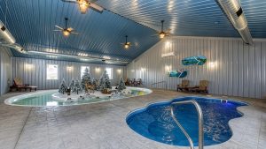 Indoor pool area with a winter scene: snow-covered trees and deer around a small island in the pool, blue-lit water, and chairs along the wall.