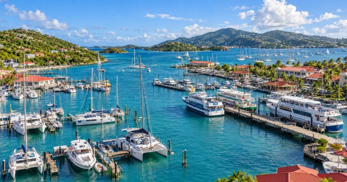 Red Hook marina and ferry docks on the East End of St. Thomas with boats lined up along the water