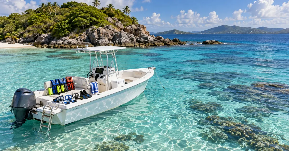 White motorboat anchored in turquoise tropical water near a rocky, palm-covered island.