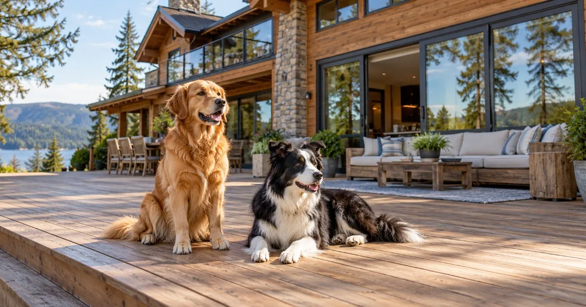 Two dogs waiting on the deck of a large vacation home