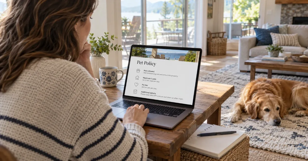 Person reviewing pet policy details on a laptop with a dog resting nearby