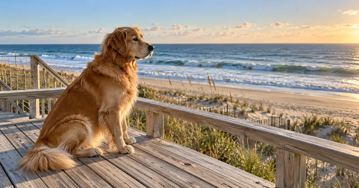Dog sitting on an oceanfront deck overlooking the Atlantic