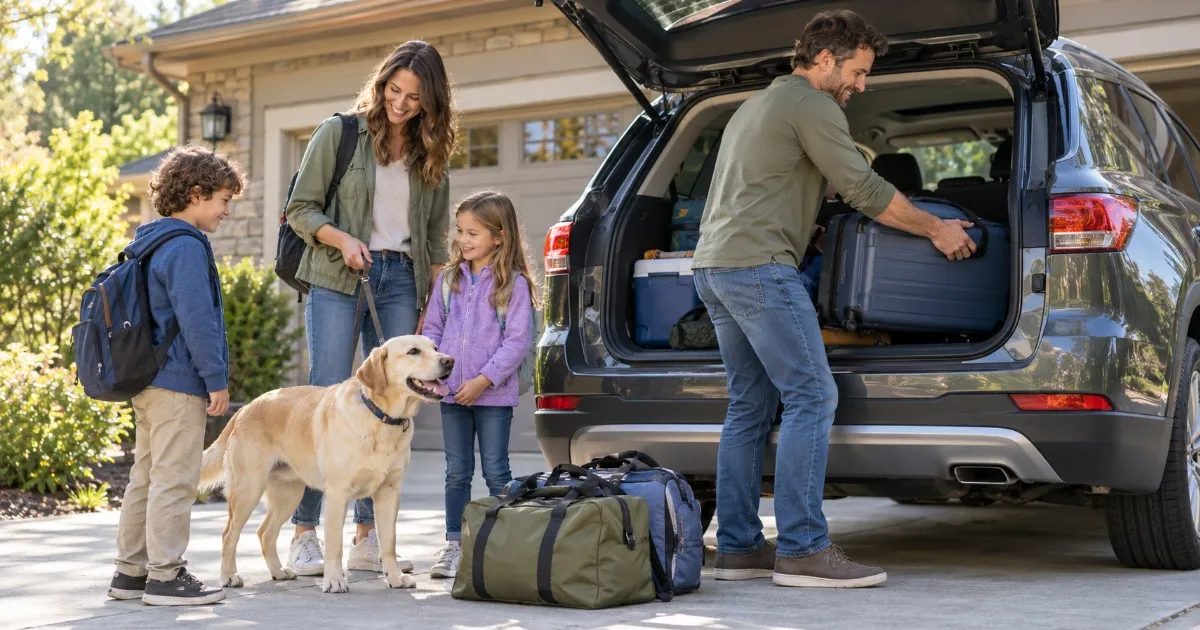 Family loading a car with luggage and a dog for a vacation trip