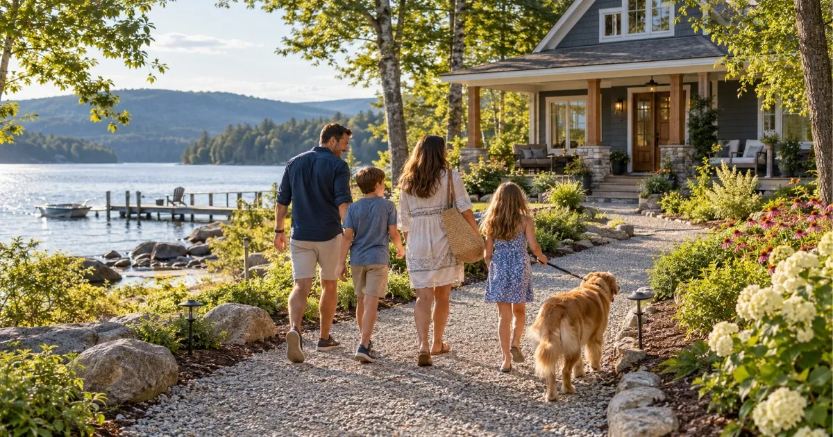 Family walking a dog along a path toward a vacation rental home near the water