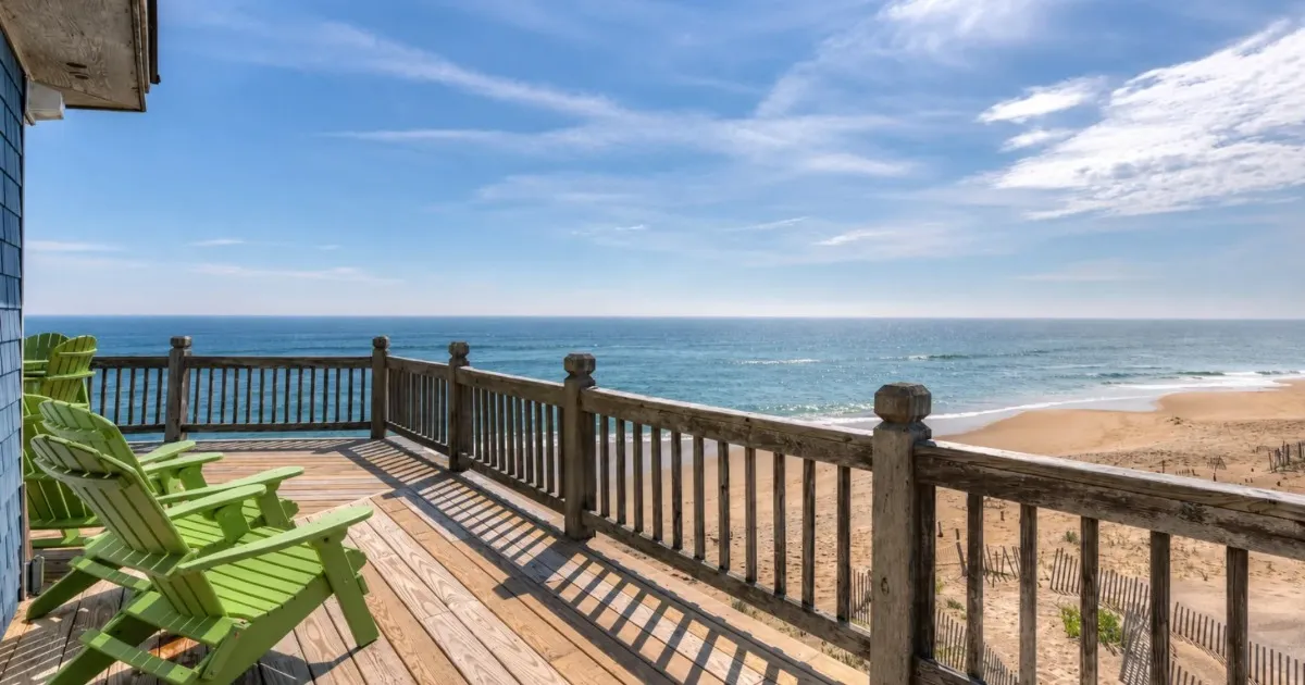 Multi-level decks facing the Atlantic Ocean at an oceanfront home on the Outer Banks
