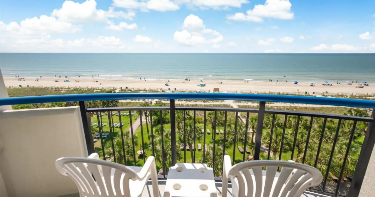 View of the Atlantic Ocean from a private balcony at a Myrtle Beach resort condo