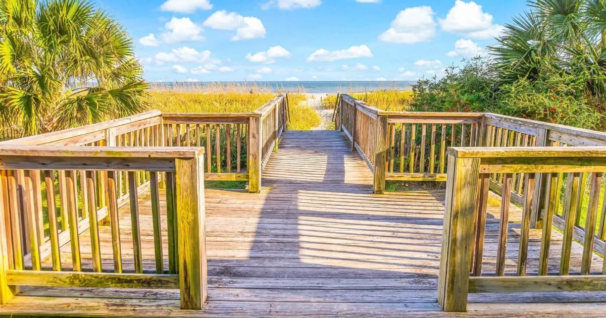 Crosswalk and path leading from a beachside condo toward the beach in North Myrtle Beach