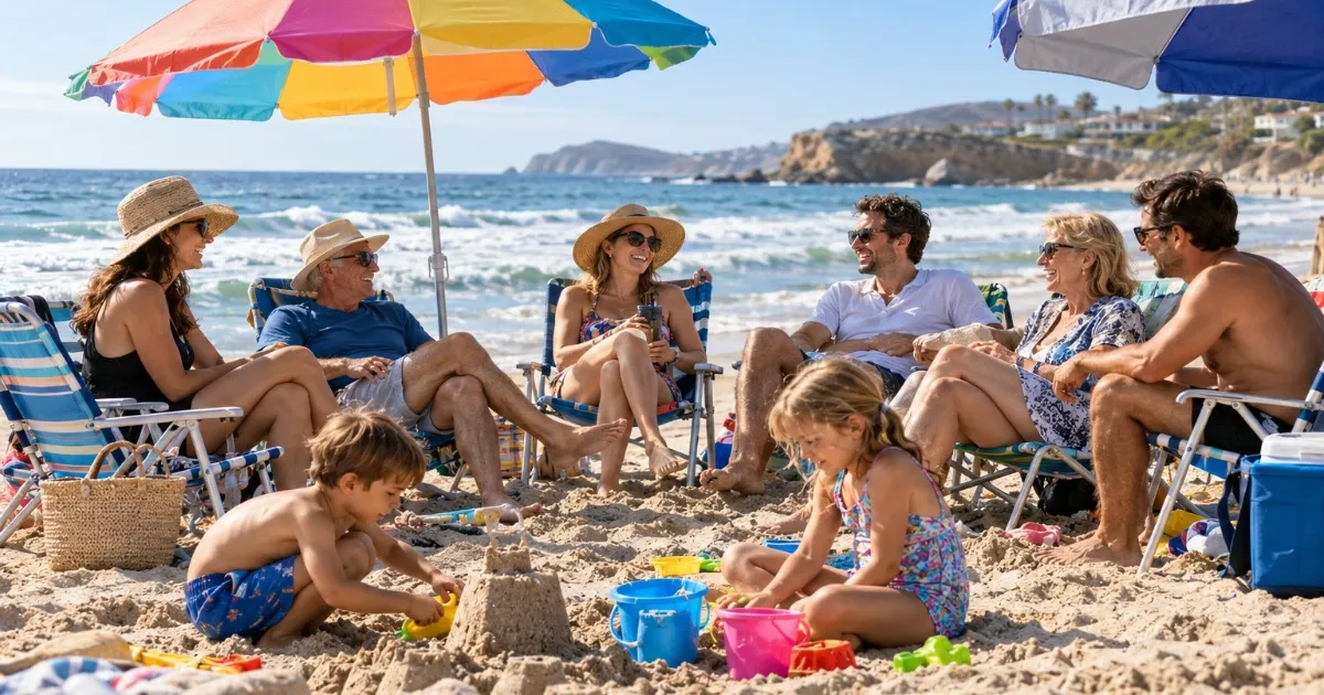 Family and friends gathered on the beach with chairs and umbrellas